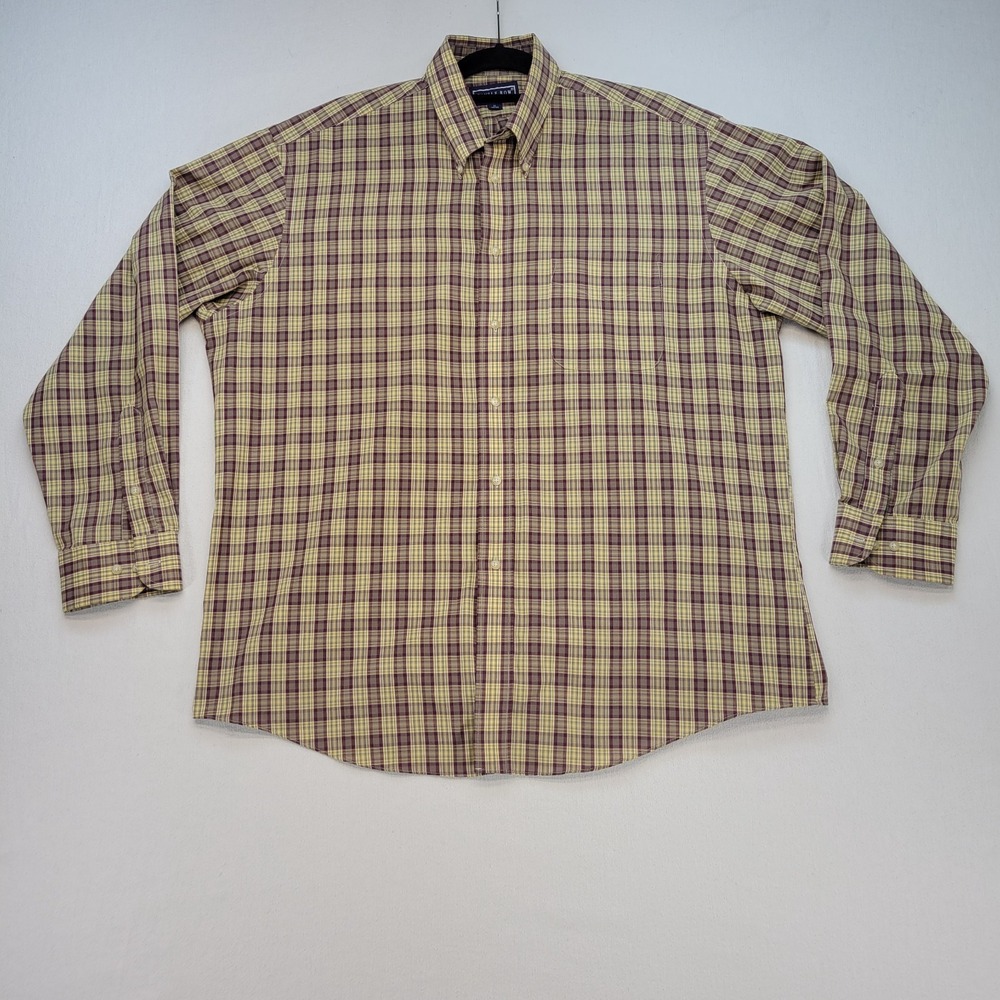 Savile Row Dress Shirt Mens 17 34/35 Yellow Red Plaid Button Up Long Sleeve